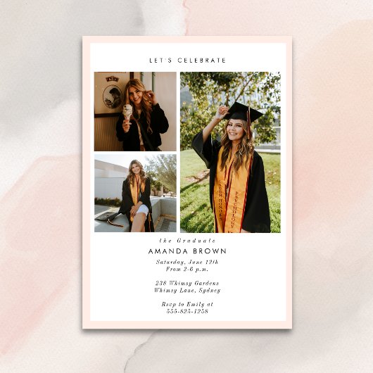 4写真卒業パーティーモダン赤面ピンク 招待状