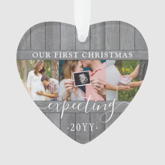 4写真妊娠第1クリスマスグレイフェイクウッドハート オーナメント (正面)