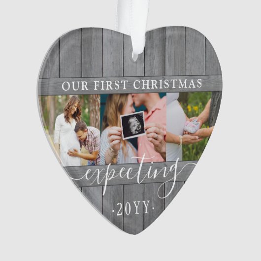 4写真妊娠第1クリスマスグレイフェイクウッドハート オーナメント (正面)