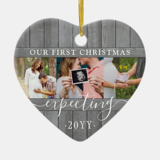 4写真妊娠第1クリスマスグレイフェイクウッドハート セラミックオーナメント (正面)