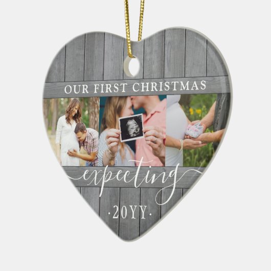 4写真妊娠第1クリスマスグレイフェイクウッドハート セラミックオーナメント (左)