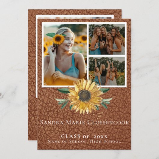 4写真素朴コラージュひまわり卒業あのう 案内状 (正面/裏面)