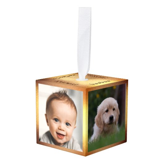 4写真金ゴールドフレームファミリ名エレガントKeepsake キューブオーナメント (正面アングル)