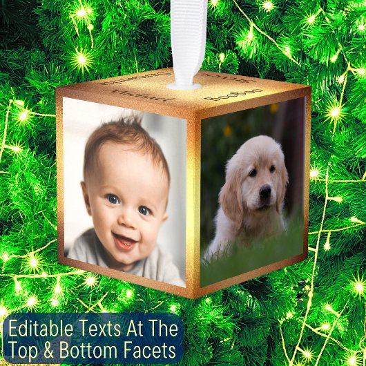 4写真金ゴールドフレームファミリ名エレガントKeepsake キューブオーナメント