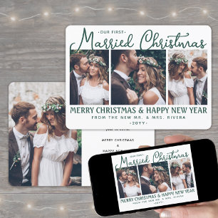 4写真Newlyweds 1st結婚した Christmas Green シーズンカード