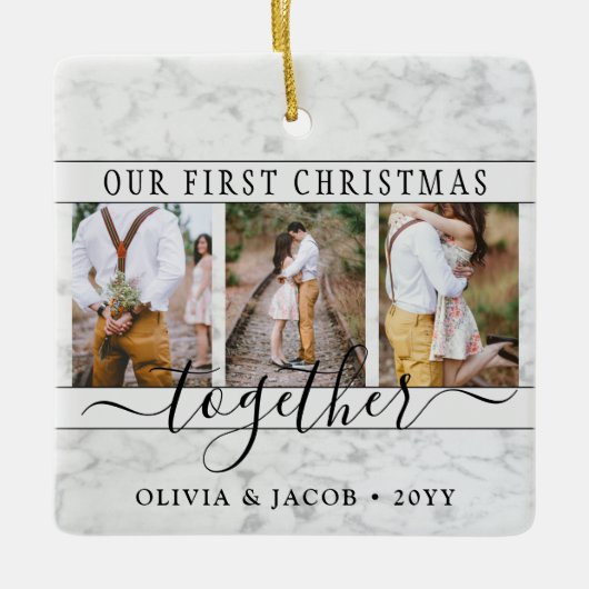 4写真Together初めてのクリスマスフェイク Marble セラミックオーナメント (正面)
