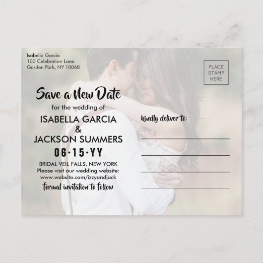 4写結婚真の延期 |救新しい日付 案内ポストカード (裏面)