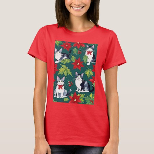 4匹のクリスマス猫とポインセチア Tシャツ (正面)