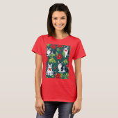 4匹のクリスマス猫とポインセチア Tシャツ (正面フル)
