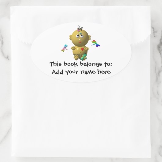 4匹のトンボを持つバウンスする赤ん坊の少女 楕円形シール (バッグ)