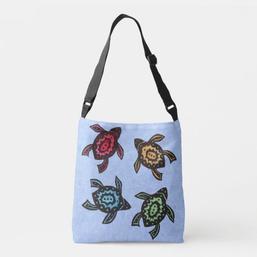 4匹の黒いウミガメ抽象芸術色の貝殻（青） クロスボディバッグ (裏面)