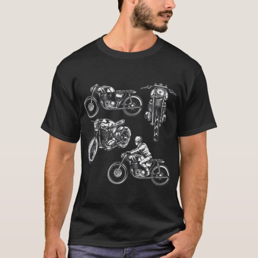 4台のバイクのヴィンテージのオートバイのデザイン Tシャツ (正面)
