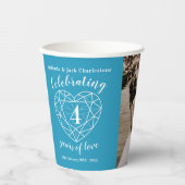 4周年記念結婚の概要ハート写真ブルー 紙コップ (正面)