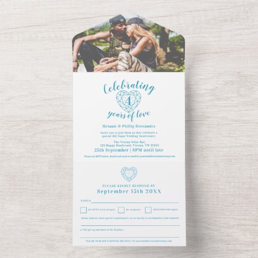 4周年青いトパーズの結婚記念日の出欠連絡と写真 オールインワン招待状 (内側)