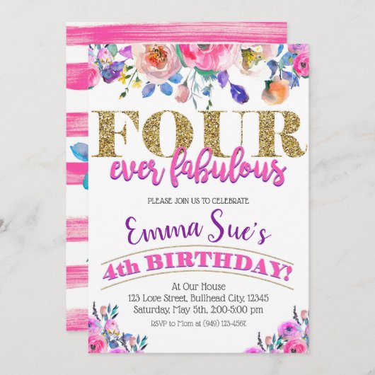 4回の素晴らしい女の子フローラ4th誕生日 招待状 (正面/裏面)
