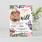 4回の野生のサファリ動物の女の子4歳の誕生日 招待状 (スタンド正面)
