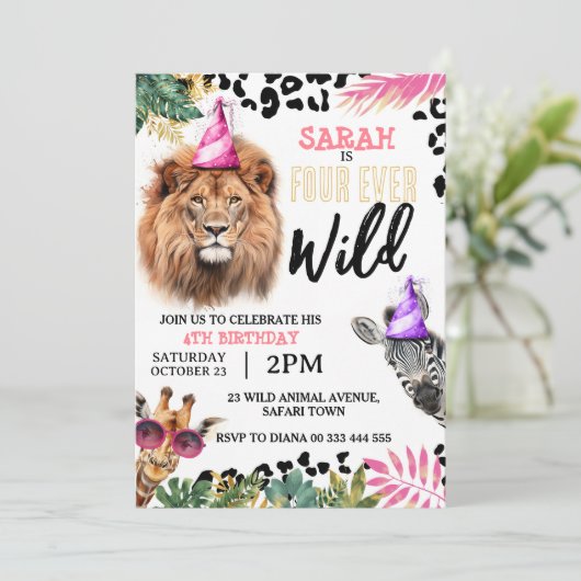 4回の野生のサファリ動物の女の子4歳の誕生日 招待状 (スタンド正面)