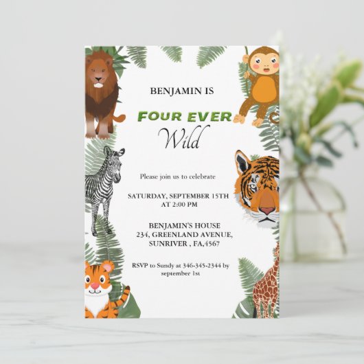 4回の野生のサファリ4歳の誕生日パーティー 招待状 (スタンド正面)