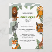 4回の野生のサファリ4歳の誕生日パーティー 招待状 (正面/裏面)