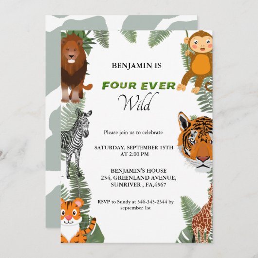 4回の野生のサファリ4歳の誕生日パーティー 招待状 (正面/裏面)