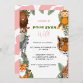 4回の野生の女の子サファリ4th誕生日パーティー 招待状 (正面/裏面)