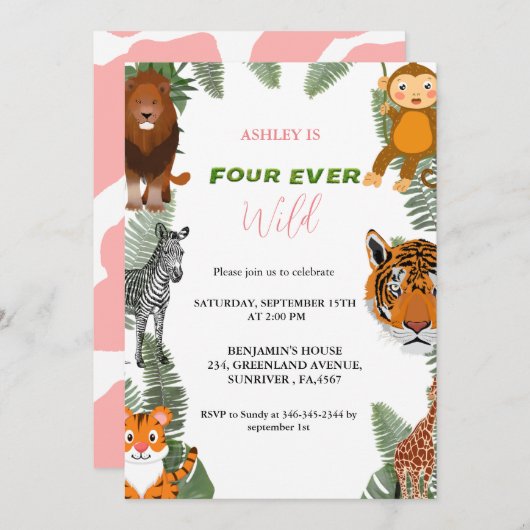 4回の野生の女の子サファリ4th誕生日パーティー 招待状 (正面/裏面)