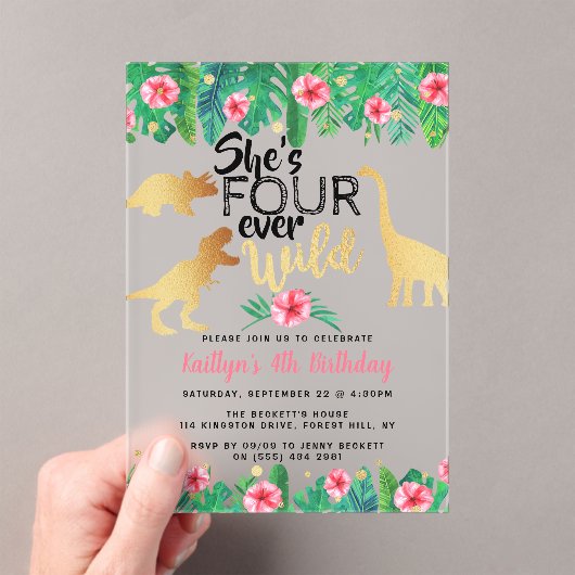 4回の野生の恐竜の女の子4歳の誕生日 アクリル招待状 (インサイチュ (ポータブル))