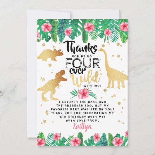 4回の野生の恐竜の女の子4歳の誕生日 サンキューカード (正面)