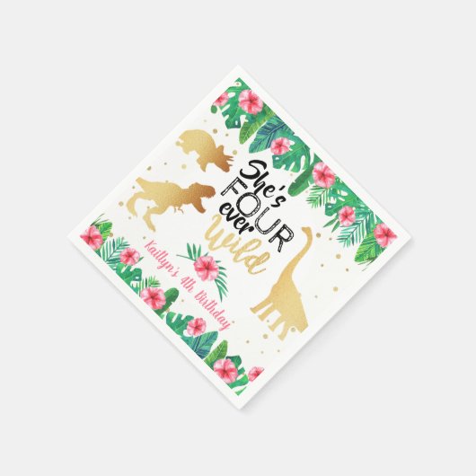 4回の野生の恐竜の女の子4歳の誕生日 スタンダードカクテルナプキン (角)