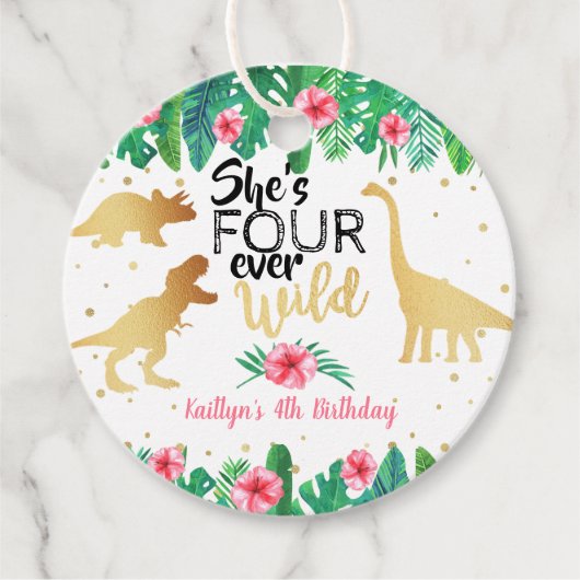 4回の野生の恐竜の女の子4歳の誕生日 フェイバータグ (正面)