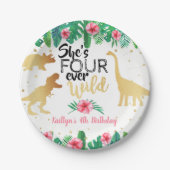 4回の野生の恐竜の女の子4歳の誕生日 ペーパープレート (正面)