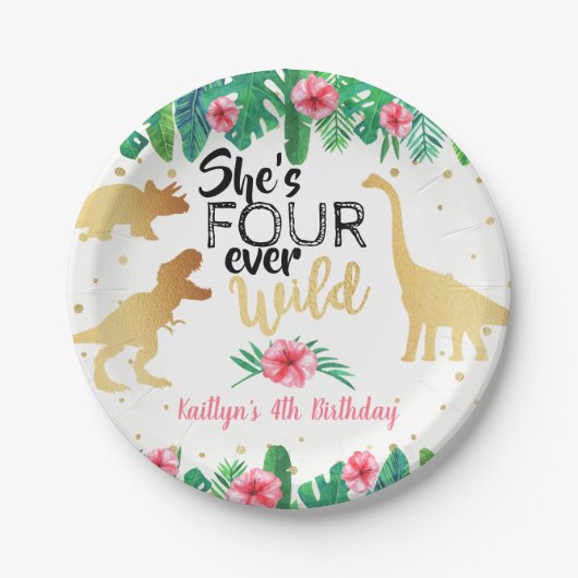 4回の野生の恐竜の女の子4歳の誕生日 ペーパープレート (正面)