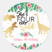 4回の野生の恐竜の女の子4歳の誕生日 ラウンドシール (正面)