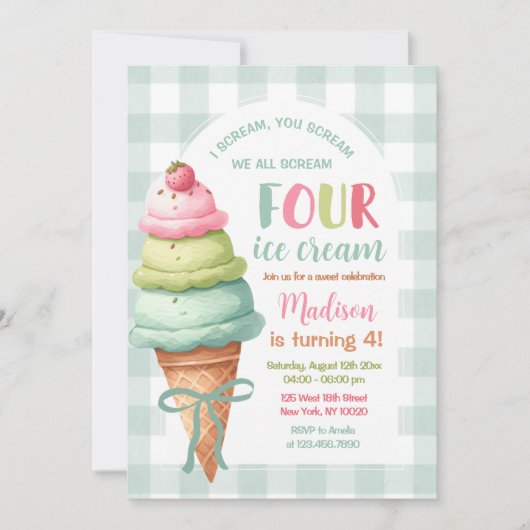 4回アイスクリームバウ4歳の誕生日を叫ぶ 招待状 (正面)