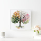 4季節の木の水彩画の芸術とスクエア時計 スクエア壁時計 (ホーム)