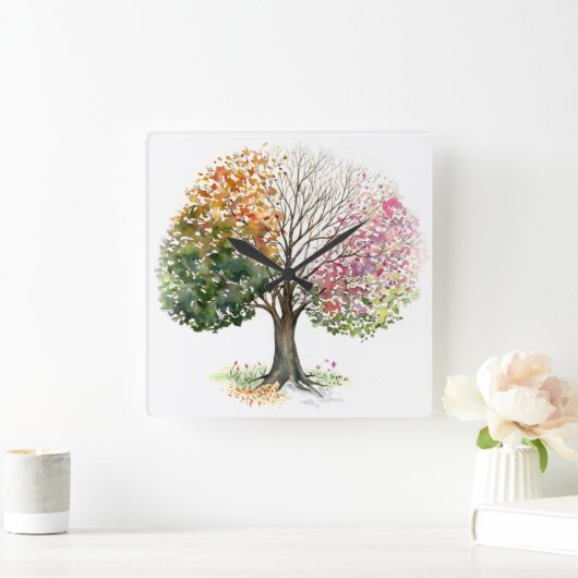 4季節の木の水彩画の芸術とスクエア時計 スクエア壁時計 (ホーム)