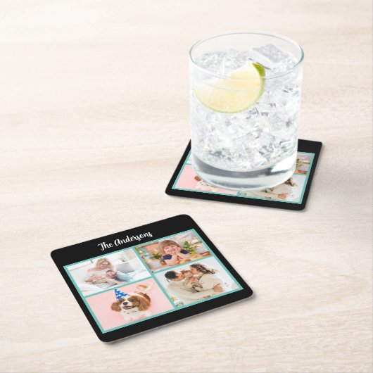 4家族の写真と名前オン黒，ティール（緑がかった色）縁ど スクエアペーパーコースター (インサイチュ)