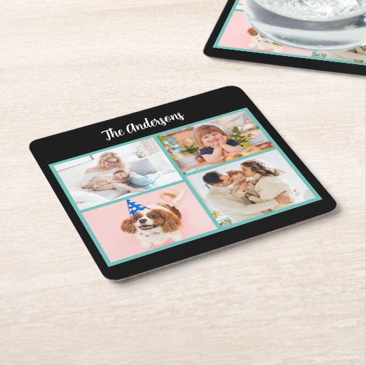 4家族の写真と名前オン黒，ティール（緑がかった色）縁ど スクエアペーパーコースター (アングル)