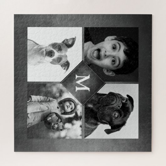 4家族の写真コラージュ黒Chalkboardモノグラム ジグソーパズル (横)