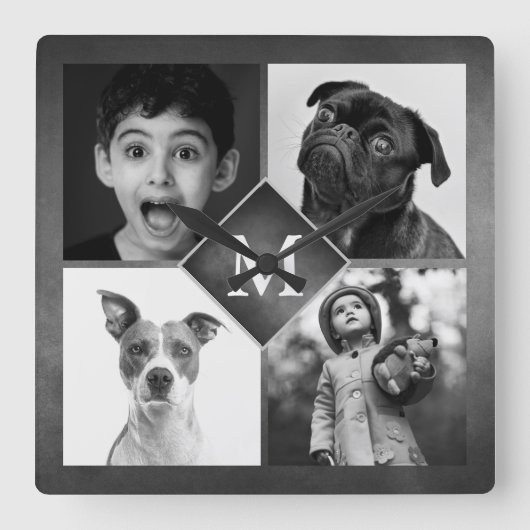 4家族の写真コラージュ黒Chalkboardモノグラム スクエア壁時計 (正面)