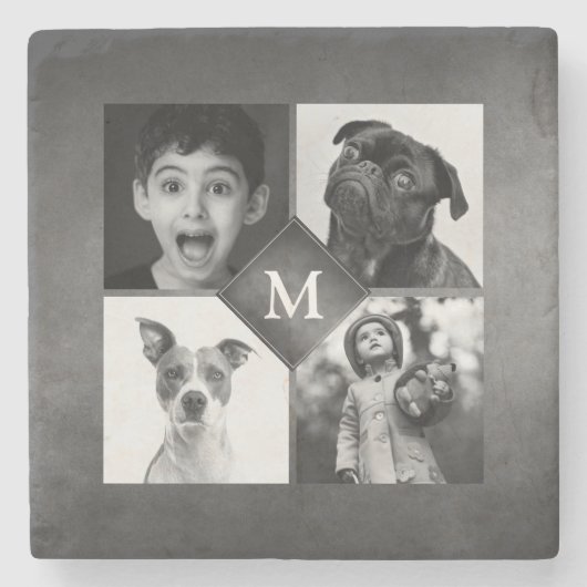 4家族の写真白黒シャルボードモノグラム ストーンコースター (正面)