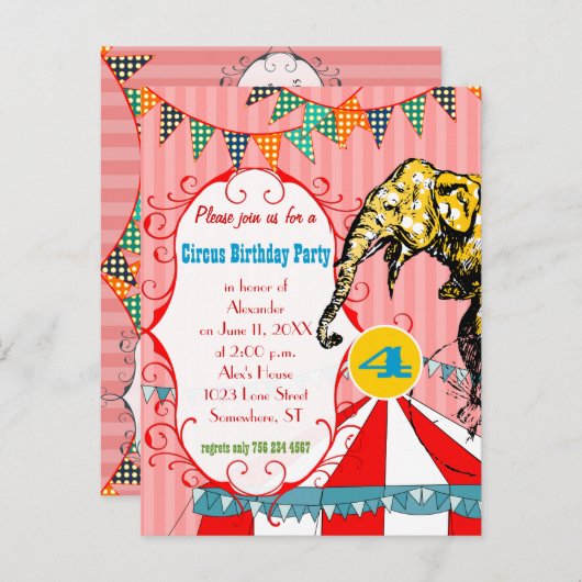 4年の古いサーカステントエレファントバースデーパーティー インビテーションポストカード (正面/裏面)