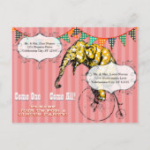 4年の古いサーカステントエレファントバースデーパーティー インビテーションポストカード (裏面)