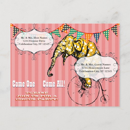 4年の古いサーカステントエレファントバースデーパーティー インビテーションポストカード (裏面)