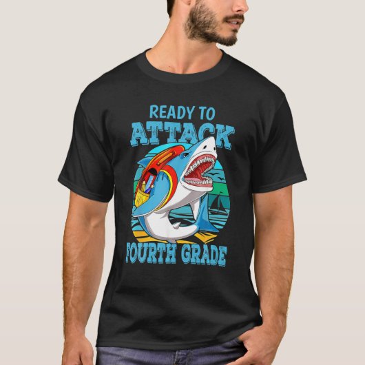 4年生の新学期・シャークを攻撃する準備ができている Tシャツ (正面)