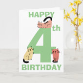 4才の誕生日おめでとう カスタムメッセージの落書き猫 カード (黄色い花)