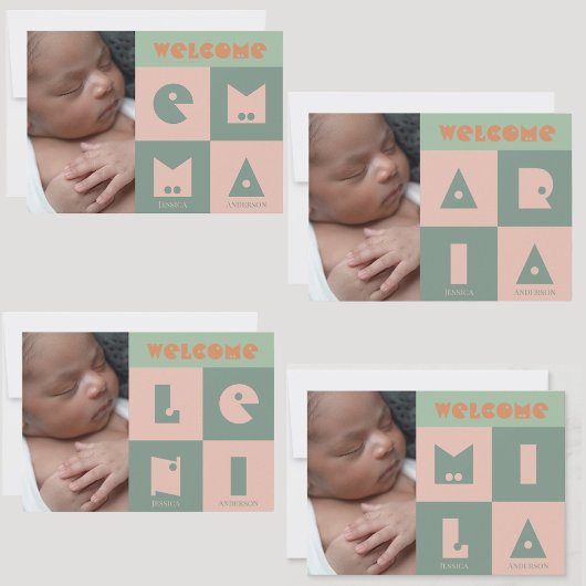4文字の名前のベビーガール誕生の発表 サンキューカード