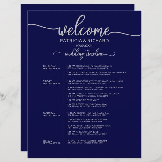 4日の結婚旅程タイムラインネイビーブルーシルバー (正面/裏面)