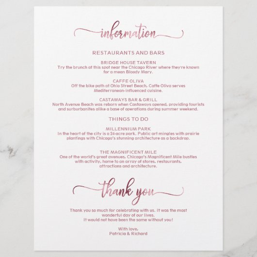 4日結婚の週末の旅程シックなタイムライン (裏面)