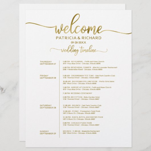 4日結婚の週末の旅程シックなタイムライン (正面/裏面)
